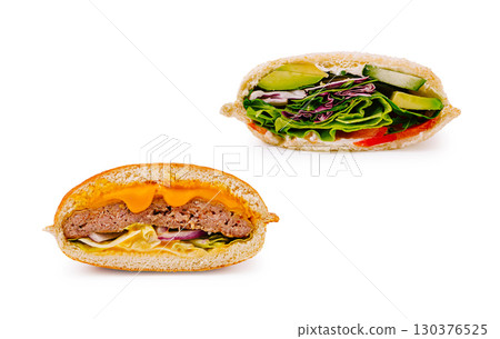 Tasty sandwich with fresh veggies and juicy beef patty Tasty sandwich with fresh veggies and juicy beef patty 130376525
