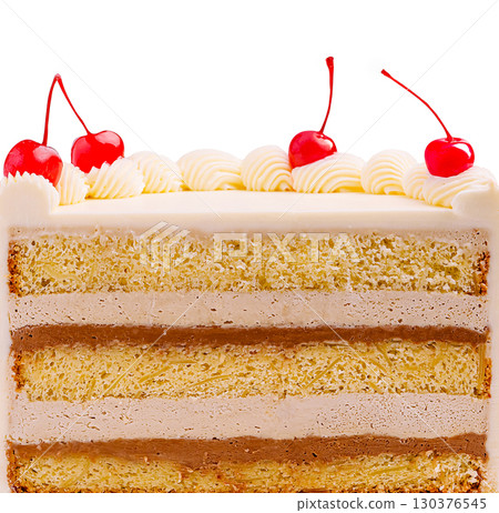 Delicious layered cake topped with cherries and whipped cream on display 130376545