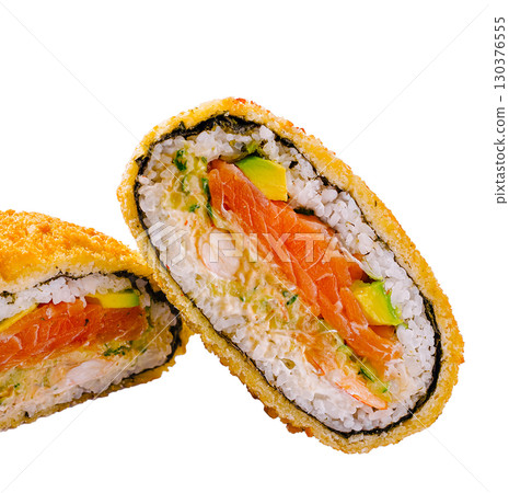 Delicious sushi roll with salmon and avocado, showcasing a crispy texture 130376555