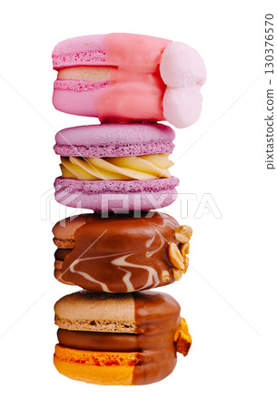 Colorful macarons stacked in a delightful arrangement on a white background 130376570
