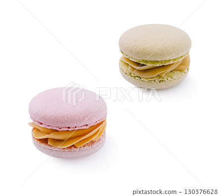 Colorful macarons displayed on a clean white background 130376628