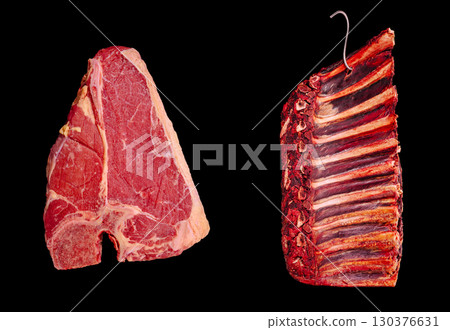 Various cuts of beef showcased on a black background for culinary display Various cuts of beef showcased on a black background for culinary display 130376631