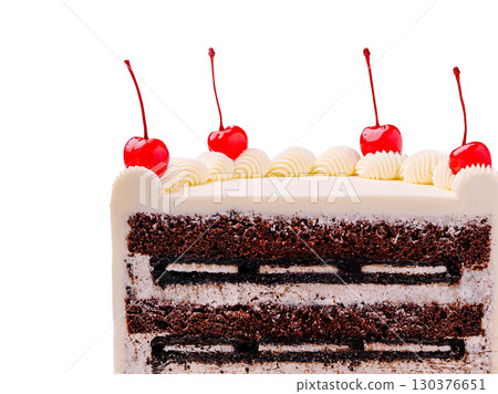 Delicious chocolate cake with cherries on top showcased beautifully 130376651