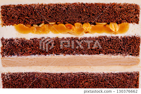 Layers of rich chocolate cake with creamy frosting and nuts in perfect harmony Layers of rich chocolate cake with creamy frosting and nuts in perfect harmony 130376662