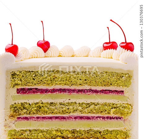 Colorful layered cake with cherries on top for celebration moments Colorful layered cake with cherries on top for celebration moments 130376695