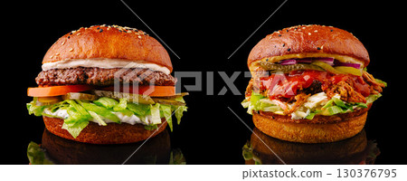 Delicious gourmet burgers with fresh ingredients on display Delicious gourmet burgers with fresh ingredients on display 130376795