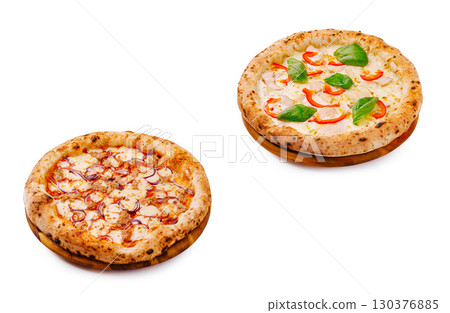 Gourmet pizzas featuring fresh ingredients and unique flavors 130376885
