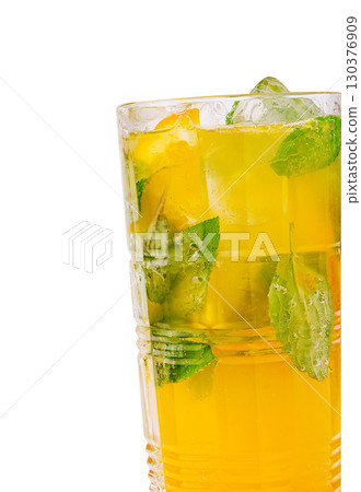 Refreshing mint lemonade served in a tall glass on a sunny day Refreshing mint lemonade served in a tall glass on a sunny day 130376909