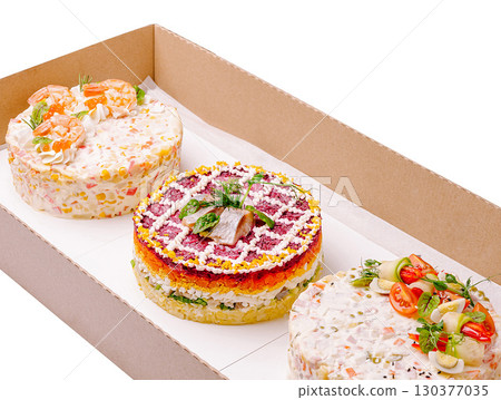An elegant catering box featuring three beautifully styled layer 130377035