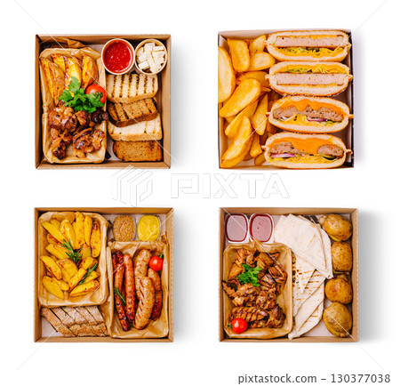Delicious variety of takeout food served in boxes Delicious variety of takeout food served in boxes 130377038