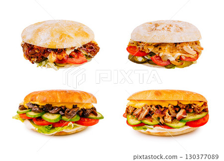 Delicious variety of gourmet sandwiches displayed on a clean background Delicious variety of gourmet sandwiches displayed on a clean background 130377089