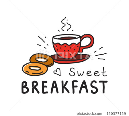 Traditional cake logo. Sweet breakfast line drawing. Coffee cup with saucer. Tasty bagel. Fresh pastry and morning hot drink. Caffeine beverage. Vector cafe sketch emblem design template 130377139