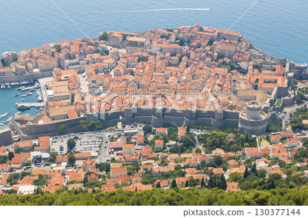 View of the old town of Dubrovnik from the top of Mount Srđ in Croatia, Europe 130377144