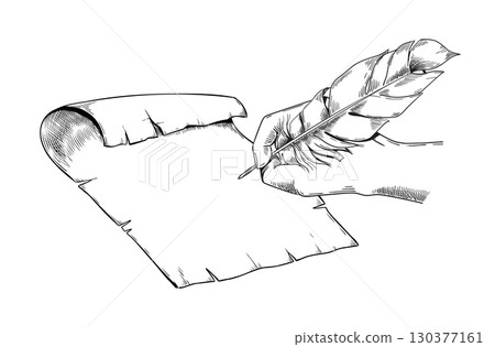 Vintage scroll. Hand writing with feather pen. Line sketch drawing. Parchment document signing. Old notepaper signature. Ripped manuscript. Medieval letter. Vector engraving element 130377161