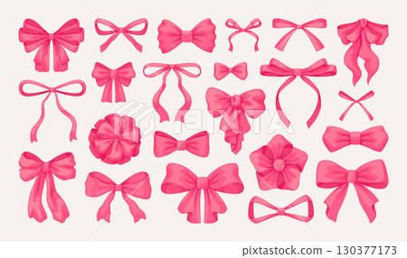 Gift bow. Hand drawn pink ribbon. Cute vintage tied knot for holiday present card. Hair band. Satin bowknot. Birthday accessory. Decorative bowtie. Vector design girl silk elements set 130377173