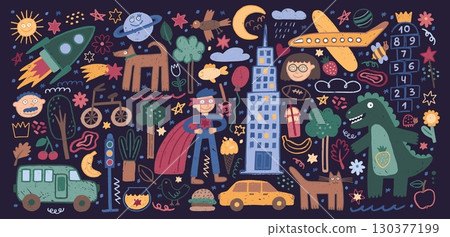 Kid crayon. Cute hand drawn flower elements. Children chalk cloud or child brush stroke stickers. School doodle sketch. Kindergarten drawing. Childish scribble painting. Vector background 130377199