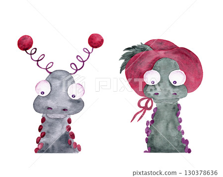 Christmas watercolor illustration. Portraits of snakes in fancy headdresses. Ideal for packaging elements, holiday decor, advent calendars and cards Christmas watercolor illustration. Portraits of snakes in fancy headdresses. Ideal for packaging elements, holiday decor, advent calendars and cards 130378636