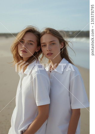 Elegant Womens in White Polo Shirts on Serene Beach Elegant Womens in White Polo Shirts on Serene Beach 130378795