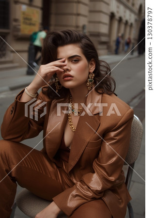 High-End Editorial Fashion Photo Woman in Frankieshop Earth Tones High-End Editorial Fashion Photo Woman in Frankieshop Earth Tones 130378797
