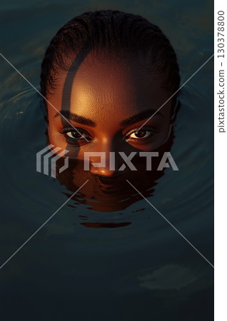 Stylish Black Brazilian Woman Emerging from Water at Golden Hour 130378800