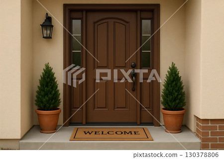 Brown Front Door of Residential House 130378806
