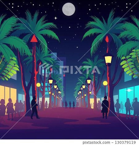 Illustration of a night city with people Illustration of a night city with people 130379119