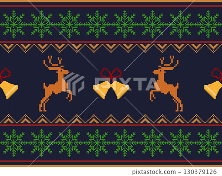 A festive Christmas pixel art border with reindeer, bells, and snowflakes on a dark blue background. Ideal for holiday textiles, digital backgrounds and seasonal designs. 130379126