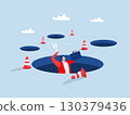 Failure,Terrified businessman fall down into the hole, failure or mistake causing catastrophe despair, problem or risk from crisis or recession 130379436