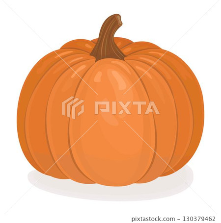 Appetizing round ribbed pumpkin clipart, glossy vegetable in vibrant colors, shiny autumn fruit. Orange fall harvest vector illustration 130379462