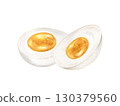 Hard boiled egg halves watercolor illustration on isolated background. Breakfast protein rich ingredients. Half of eggs composition for organic food design, recipe decor, restaurant menu, packaging. 130379560