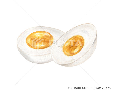 Hard boiled egg halves watercolor illustration on isolated background. Breakfast protein rich ingredients. Half of eggs composition for organic food design, recipe decor, restaurant menu, packaging. 130379560