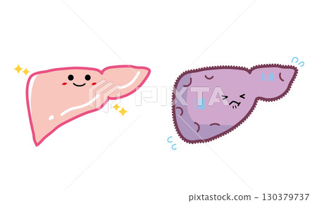 Human organ character healthy liver and unhealthy liver set 130379737