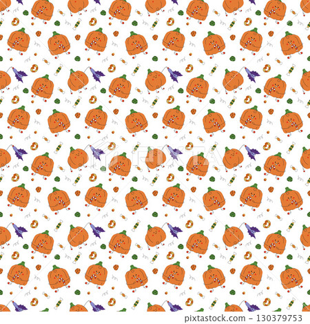 Seamless pattern with cute Halloween pumpkins characters and candies. Hand drawn flat illustration. 130379753