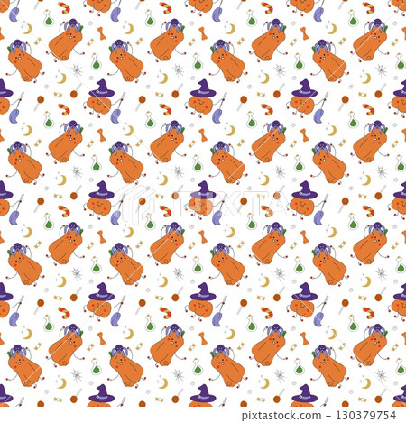Seamless pattern with cute Halloween pumpkins characters. Hand drawn flat illustration. 130379754