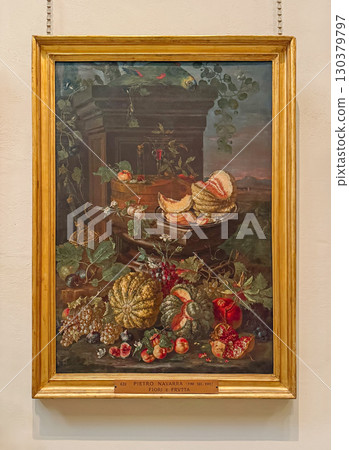 VATICAN CITY, ROME, ITALY - AUGUST 02, 2025 Fiori e Frutta Still-life painting, by Pietro Navarra, late 17th century. Vibrant display of Flowers and Fruits, intertwined with leafy vines and blossoms 130379797