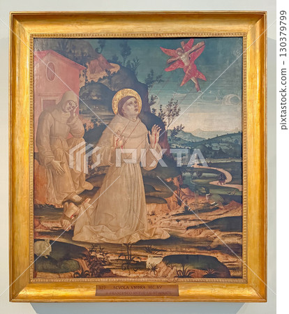 VATICAN CITY, ROME, ITALY - AUGUST 02, 2025 Umbrian School painting of Saint Francis receiving the stigmata, depicts a kneeling prayer receiving the wounds of Christ 130379799