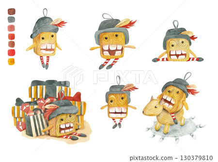 Christmas Watercolor Nutcracker. Set of characters in different poses. Set of New Year illustrations for your design 130379810