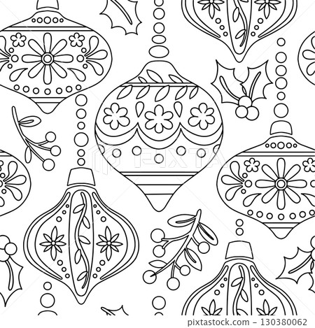 Seamless pattern coloring page with Christmas toys in vintage style. 130380062