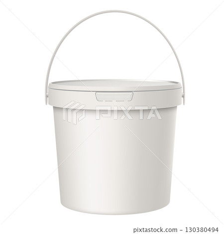Plastic bucket container mockup, with raised handle, closed lid. Plastic bucket container mockup, with raised handle, closed lid. 130380494