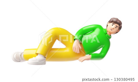 Brunet man lies on its side, 3D cartoon vector smiling guy resting male character with brown hair wear green long sleeve 130380495