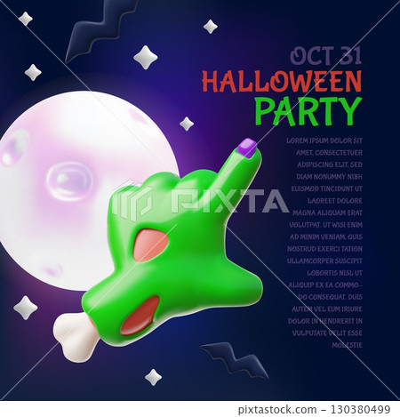 Happy Halloween party 3D cartoon poster vector design, creepy zombie green hand gesture, monsters, full moon and bats 130380499