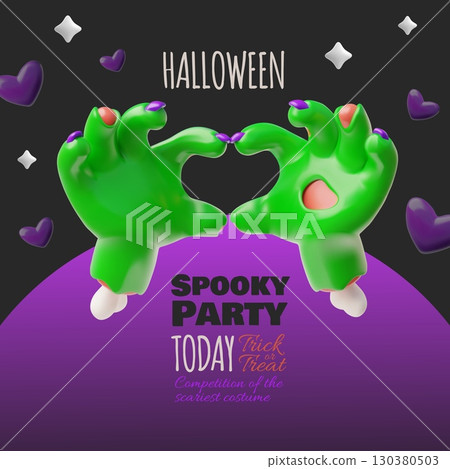 Happy Halloween spooky party 3D cartoon advertising poster vector design, creepy zombie heart green hand gesture 130380503
