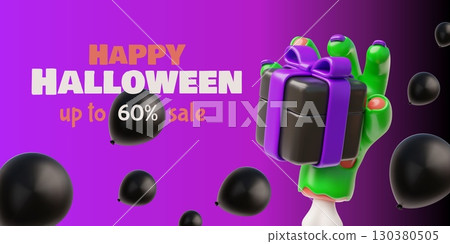 Happy Halloween sale 3D advertising banner vector design, creepy zombie green hand holds gift box, special offer promo Happy Halloween sale 3D advertising banner vector design, creepy zombie green hand holds gift box, special offer promo 130380505