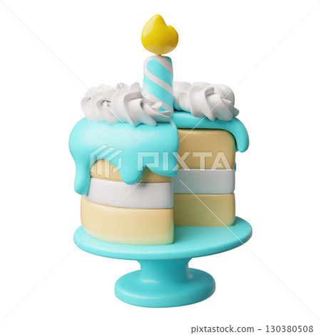Birthday cake with burning candle on a stand 3D cartoon plastic style, vector celebration creamy dessert, confectionery 130380508