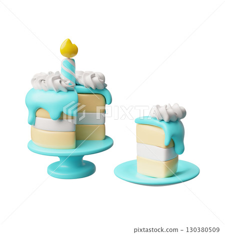 Birthday cake with burning candle on a stand and piece on a plate 3D plastic style, vector celebration creamy dessert Birthday cake with burning candle on a stand and piece on a plate 3D plastic style, vector celebration creamy dessert 130380509