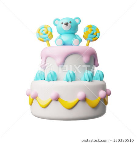 Baby shower cake two tier 3D cartoon plastic style vector icon, celebration pie creamy dessert decorated bear, lollipop 130380510