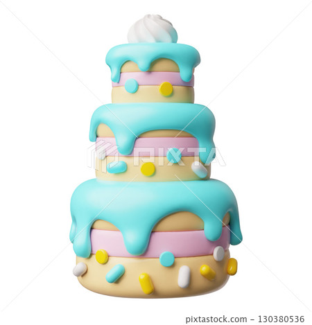 Birthday cake three tier 3D plastic style, vector celebration creamy dessert decorated with candies, treat confectionery 130380536