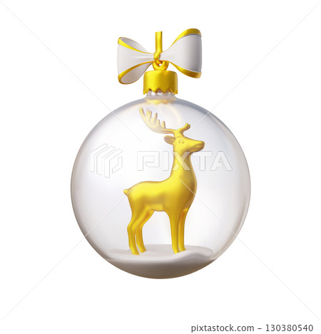 Merry Christmas and Happy New year holiday 3D vector decoration, realistic hanging glass ball with golden deer and snow Merry Christmas and Happy New year holiday 3D vector decoration, realistic hanging glass ball with golden deer and snow 130380540