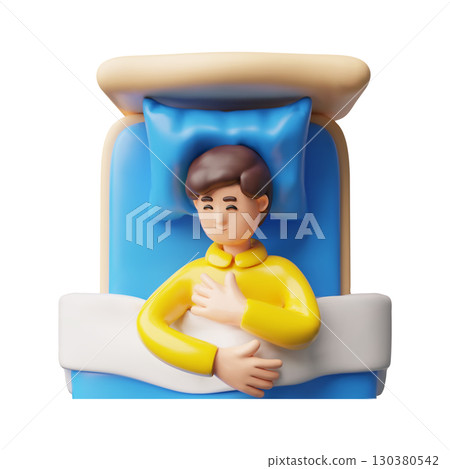 Young man in pajamas sweet dreams vector 3D plastic style, cartoon character lying on the bed, rest, relax night time Young man in pajamas sweet dreams vector 3D plastic style, cartoon character lying on the bed, rest, relax night time 130380542