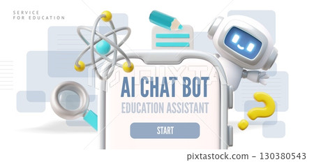 Service for education. 3D vector banner, Chatbot robot assistance, smartphone, magnifying glass, Artificial intelligence 130380543